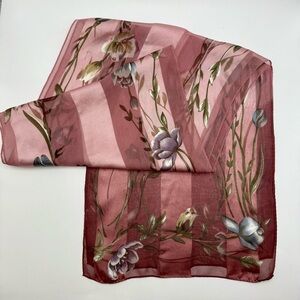 Liz Claiborne Rectangular Sheer Pink Striped Floral Polyester Scarf 11x57”